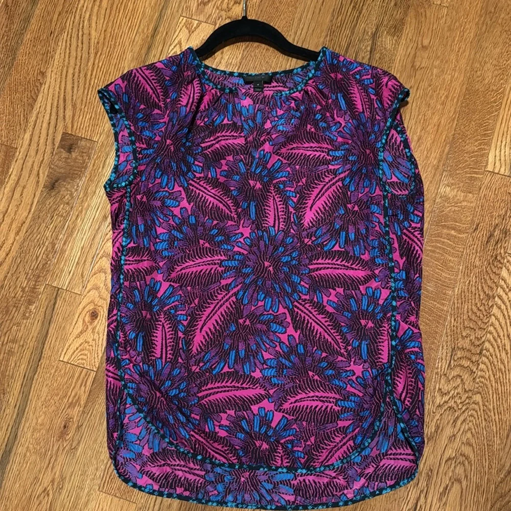 JCrew fuchsia and turquoise sleeveless floral print silk blouse size 4 - Picture 1 of 8